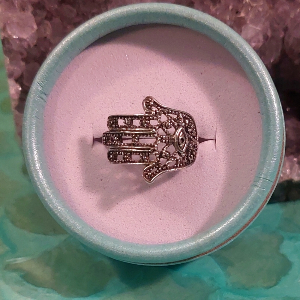 Ornate Hamsa Hand Solid Sterling Silver Ring